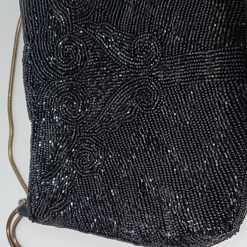 Imperial Fashion beaded purse black silky lining vintage snake chain formal eve